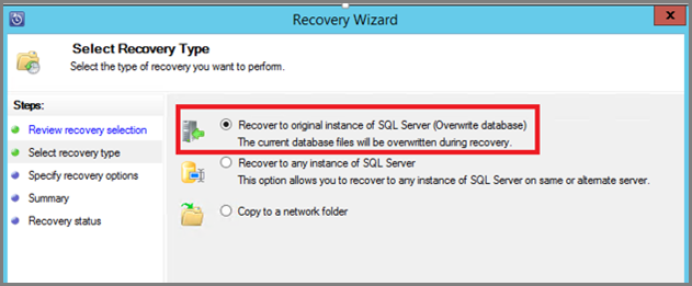 Screenshot shows how to recover database to original ___location.