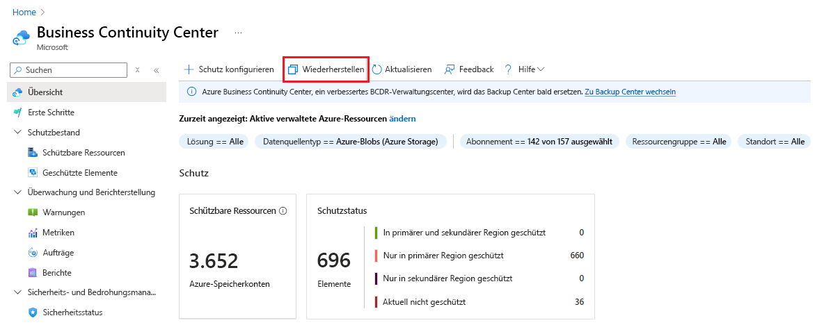 Screenshot zeigt, wie Sie mit dem Wiederherstellen von Azure Blob aus dem Azure Business Continuity Center beginnen.