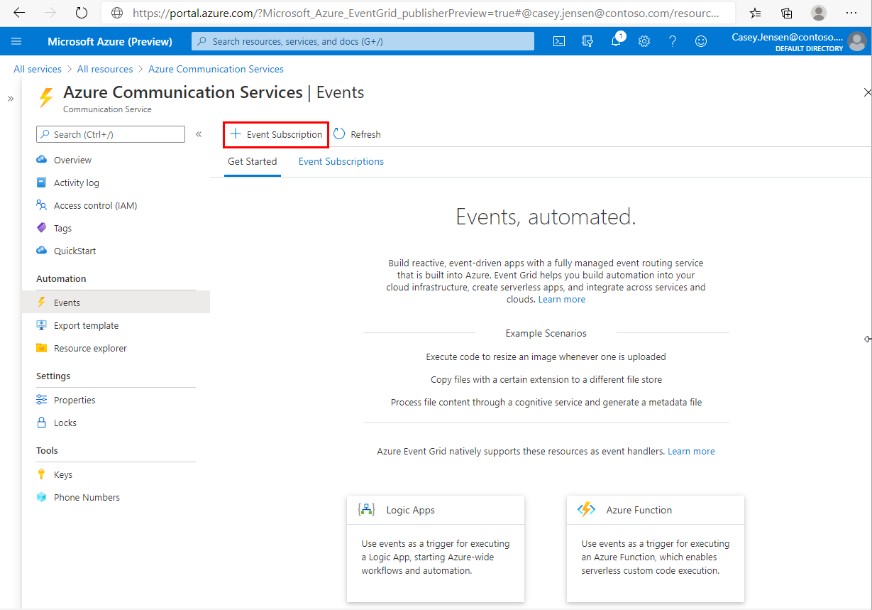 Screenshot, das die Ereignisse-Seite einer Azure Communication Services-Ressource zeigt. Die Schaltfläche „Ereignisabonnement“ wird hervorgehoben.