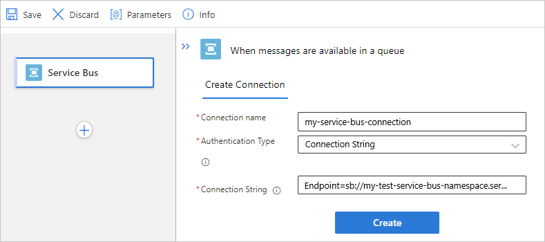 Screenshot: Workflow des Tarifs „Standard“, integrierter Service Bus-Trigger und Beispielverbindungsinformationen