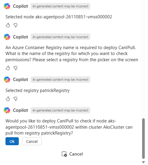 Screenshot von Copilot in Azure, der die Bereitstellung von CanIPull auf einem Cluster bestätigt.