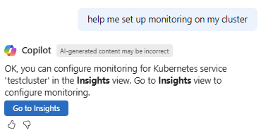 Screenshot, der zeigt, wie Microsoft Copilot in Azure bei der Konfiguration der Überwachung in einem AKS-Cluster hilft.