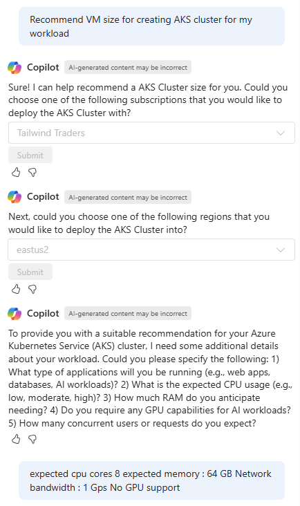 Screenshot von Copilot in Azure, der Informationen anfragt, um eine VM-Größe für einen AKS-Cluster zu empfehlen.