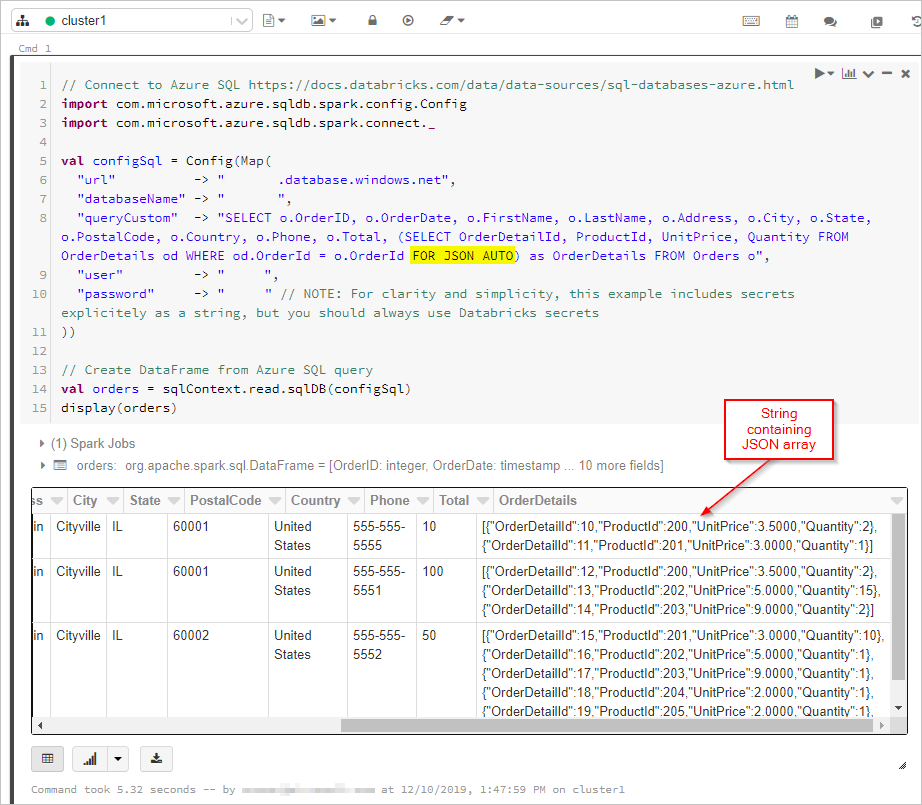 Screenshot, der die Ausgabe der SQL-Abfrage in einem Datenrahmen anzeigt.