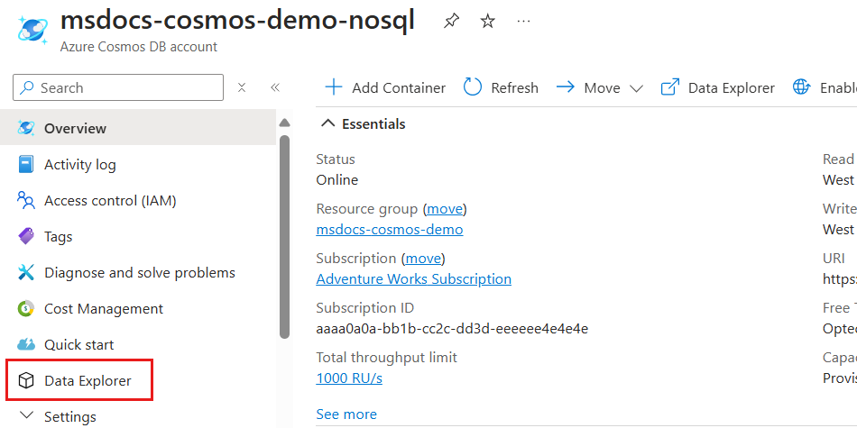 Screenshot: Option für Daten-Explorer im Dienstmenü für das Konto.