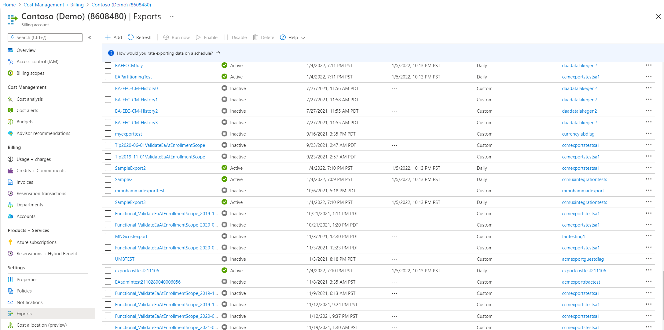 Screenshot der Liste der Exporte.
