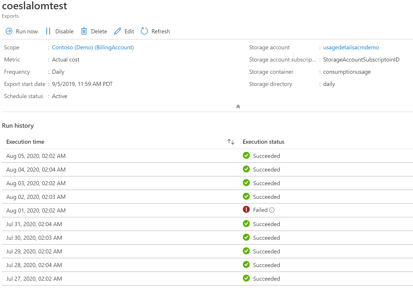 Screenshot des Ausführungsverlaufs eines Exports.