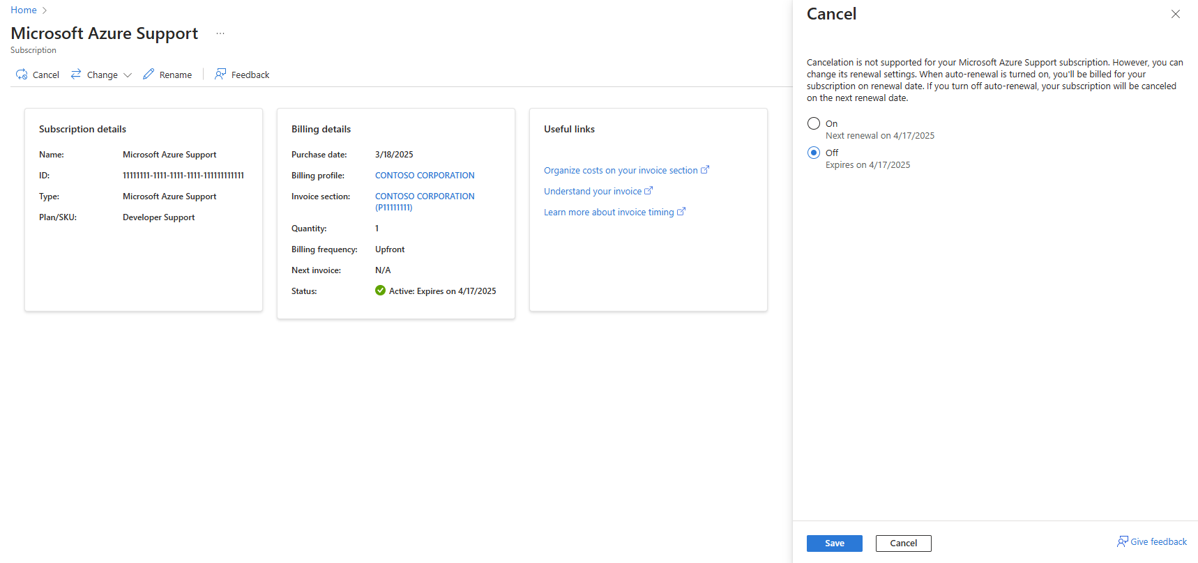 Screenshot zum Kündigen des Supportplans.