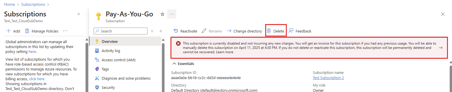 Screenshot: Verzögerung von 3 Tagen beim Löschen von Abonnements