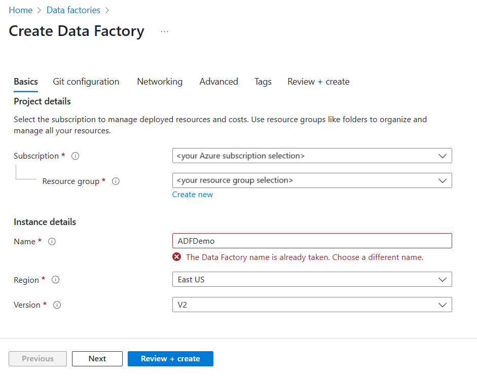 Neue Fehlermeldung zu doppelten Namen in Data Factory.