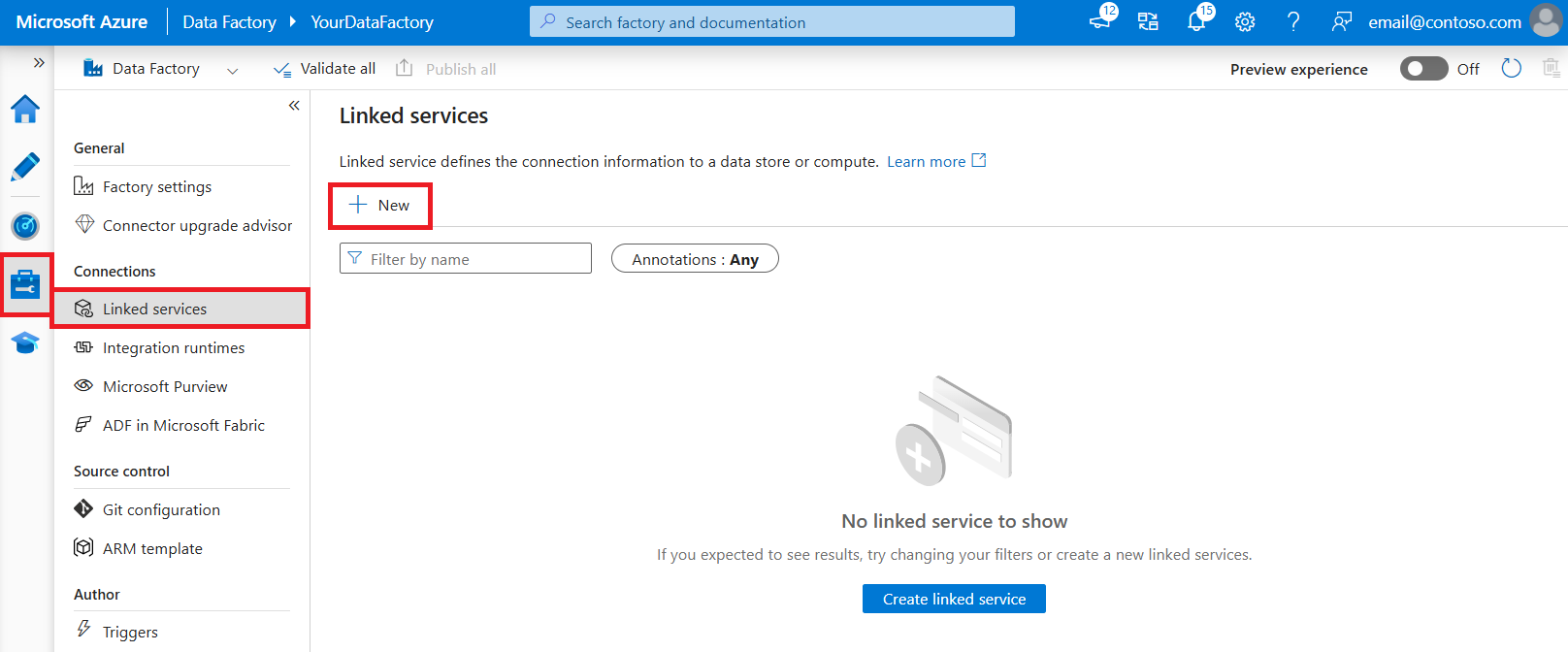 Erstellen Sie einen neuen verknüpften Dienst mithilfe der Azure Data Factory-Benutzeroberfläche.