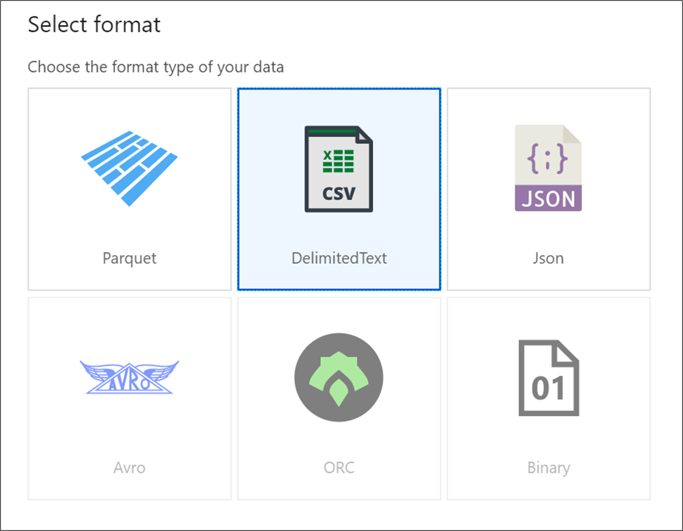 Screenshot des Bereichs zum Auswählen eines Datasettyps.