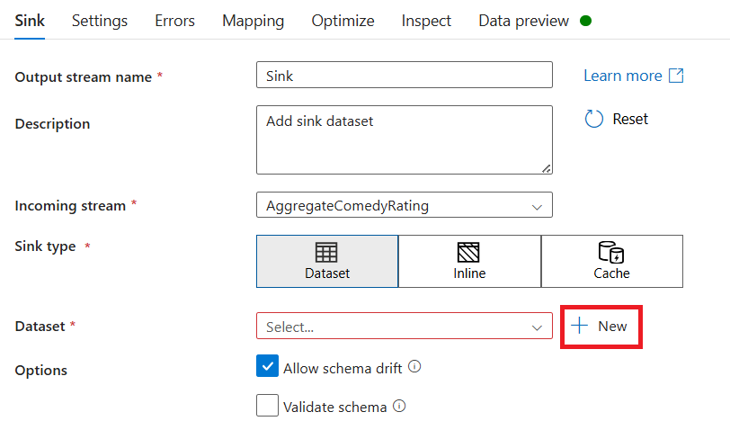 Screenshot, der zeigt, wo Sie Ihre Spüle benennen und ein neues Sink-Dataset erstellen können.