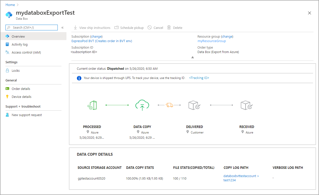 Bildschirmaufnahme eines Data Box-Exportauftrags mit dem Status 'Versandt'.
