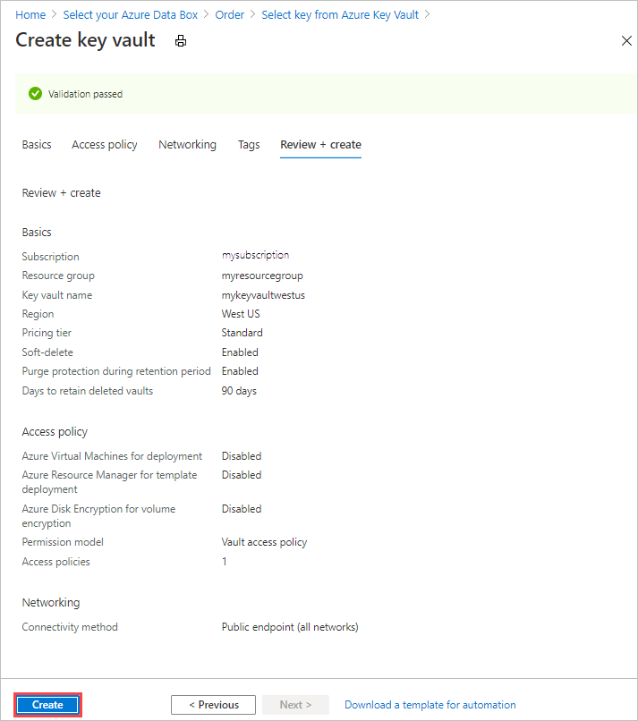 Screenshot: Überprüfungsbildschirm „Neuer Azure Key Vault“ auf der Registerkarte „Sicherheit“ des Data Box-Exportauftrags