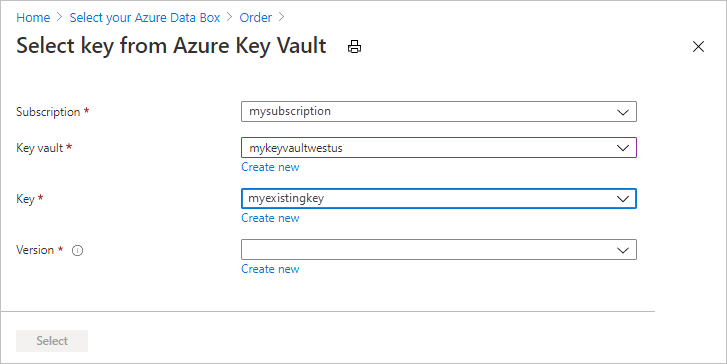 Bildschirmaufnahme der Optionen, die bei Verwendung eines vorhandenen Azure Key Vault zur Bereitstellung eines kundengesteuerten Schlüssels im Sicherheitsreiter des Data Box Exportauftrags verwendet werden.