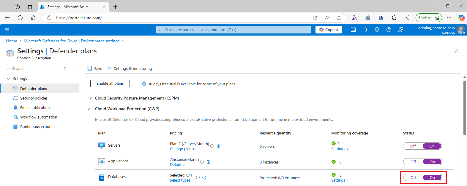 Screenshot: Aktivieren des Datenbankplans.