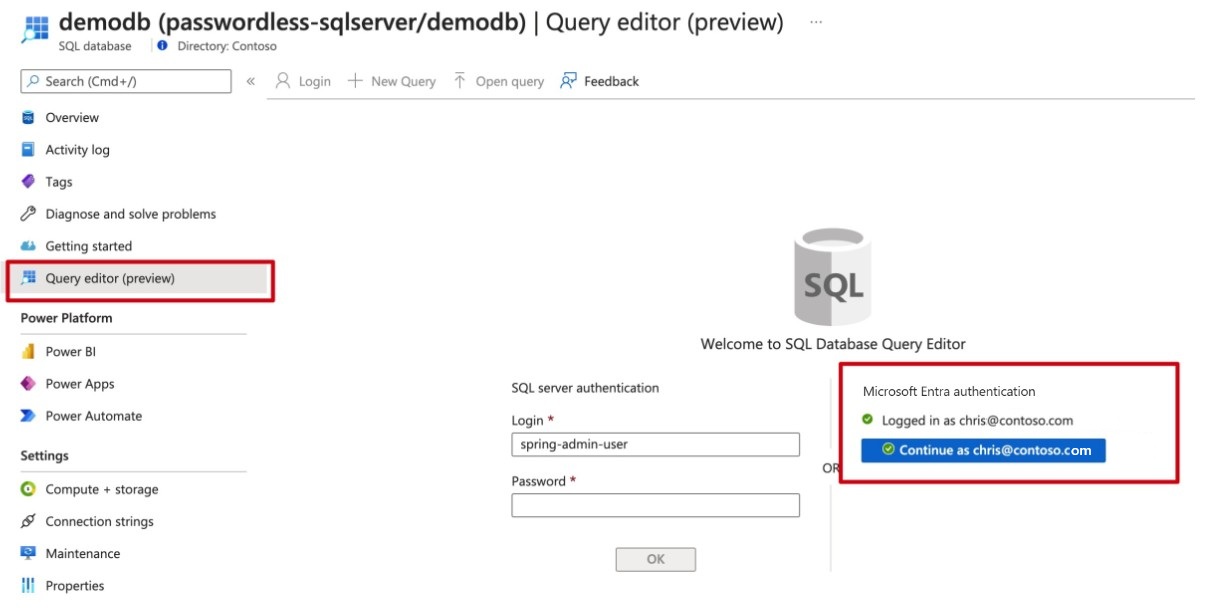 Screenshot Azure-Portal mit dem SQL-Datenbank Abfrage-Editor.