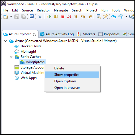 Kontextmenü von Azure Explorer zum Anzeigen von Eigenschaften für einen Redis-Cache