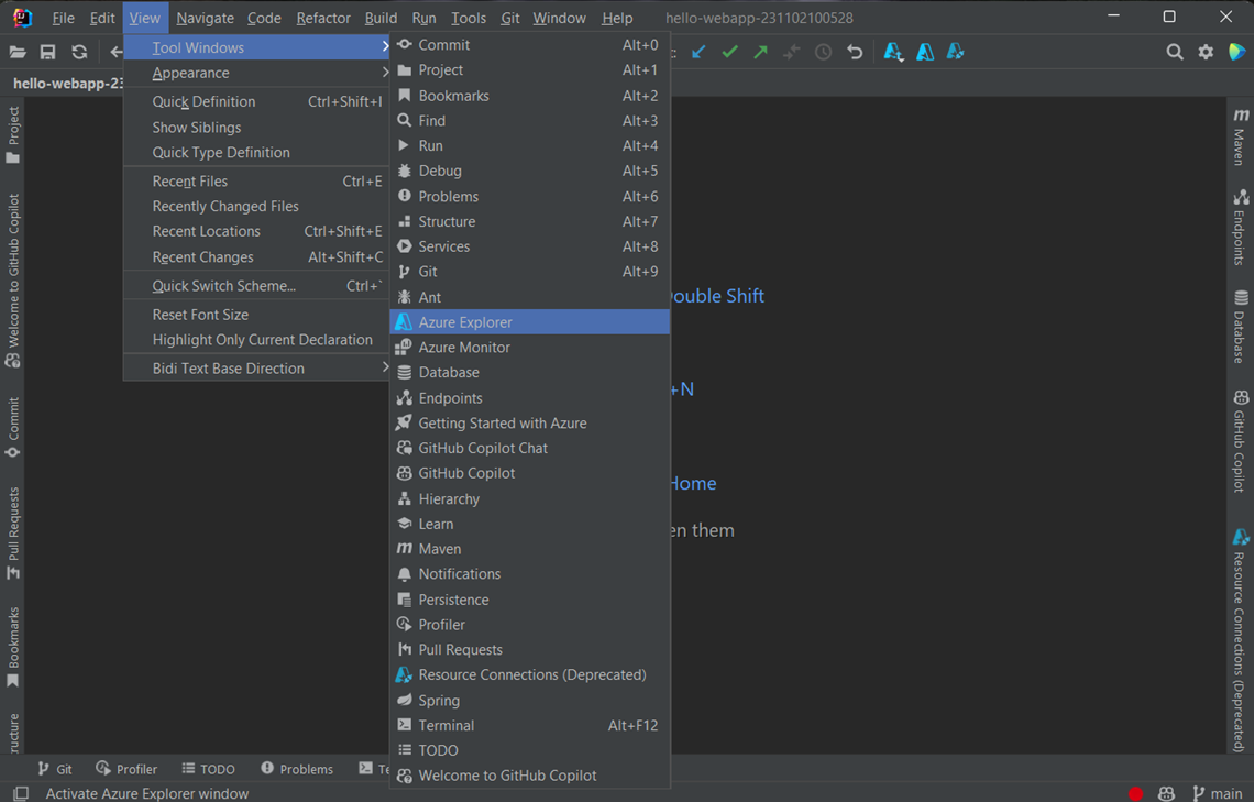 Anzeigen des Azure Explorer-Toolfensters
