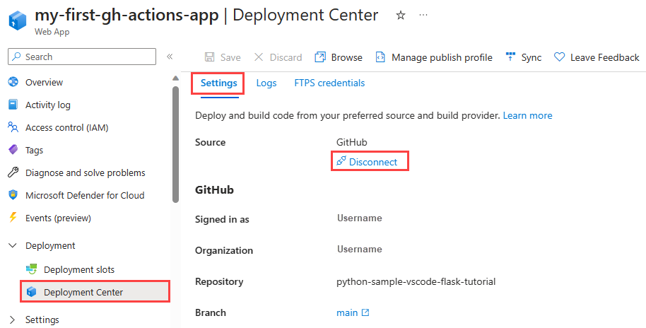 Screenshot, der zeigt, wie GitHub-Aktionen von einer App Service-Instanz im Azure-Portal getrennt werden.