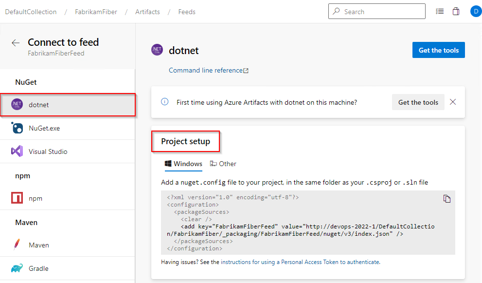 Screenshot, der zeigt, wie Sie eine Verbindung mit einem Feed in Azure DevOps Server 2020 und 2022 herstellen.