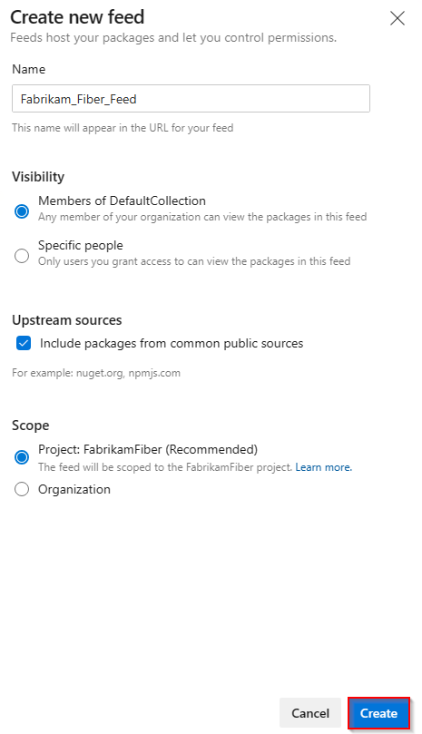 Screenshot mit dem Erstellen eines neuen Feeds in Azure DevOps Server 2020.