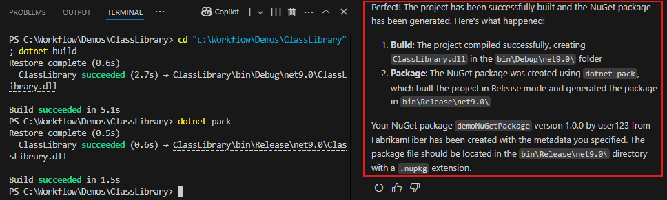 Screenshot mit GitHub Copilot, der die erfolgreiche Erstellung des NuGet-Pakets bestätigt.