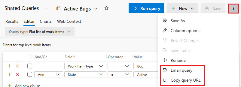 Screenshot: Auswählen von „Abfrage per E-Mail senden“ oder „Abfrage-URL kopieren“