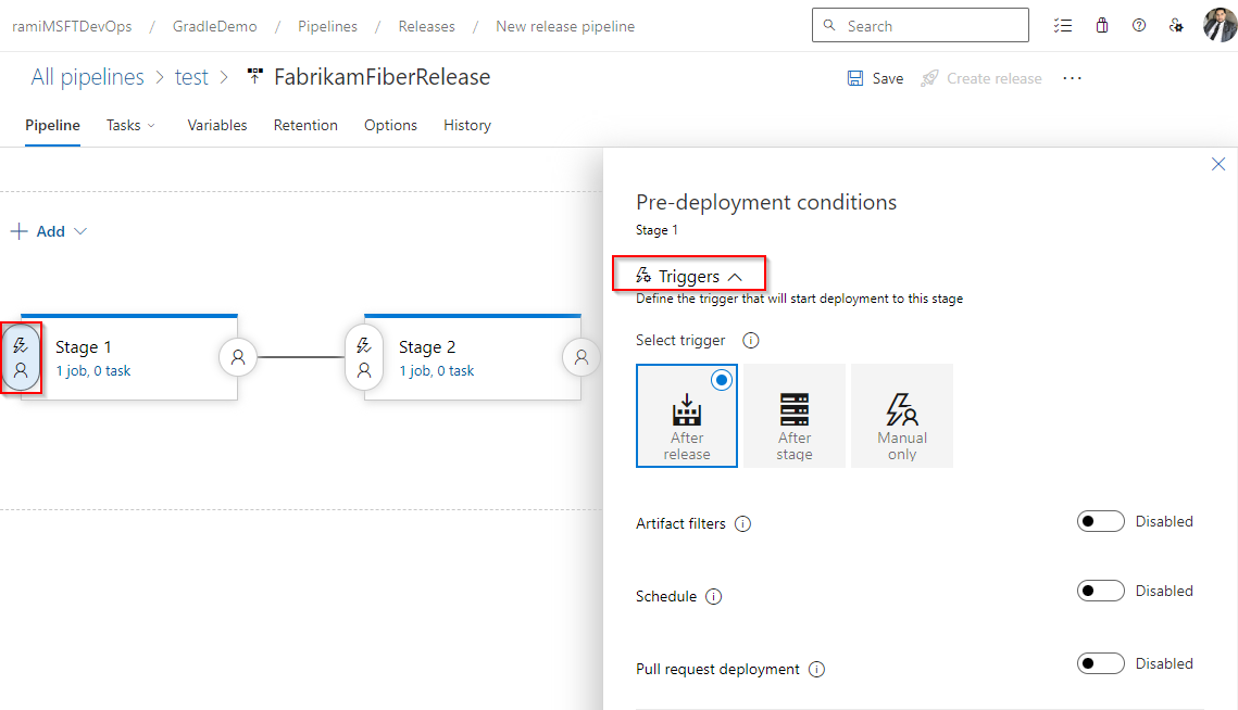 Screenshot mit Phasentriggern in einer Releasepipeline.