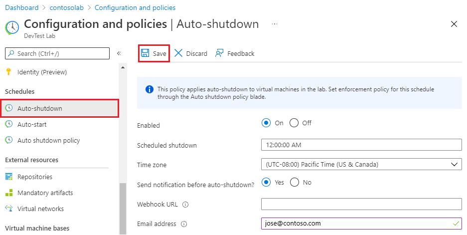 Screenshot der Festlegung von Details zum automatischen Herunterfahren für ein Lab