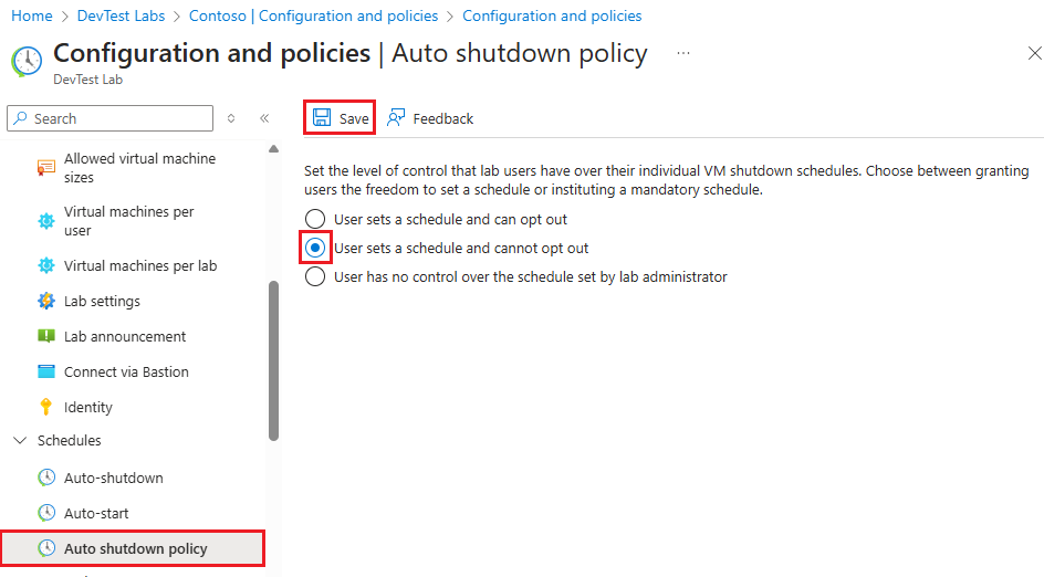 Screenshot: Richtlinienoptionen für automatisches Herunterfahren