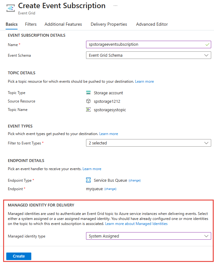 Screenshot, der zeigt, wie eine vom System zugewiesene Identität für ein Service Bus-Warteschlangenabonnement aktiviert wird.