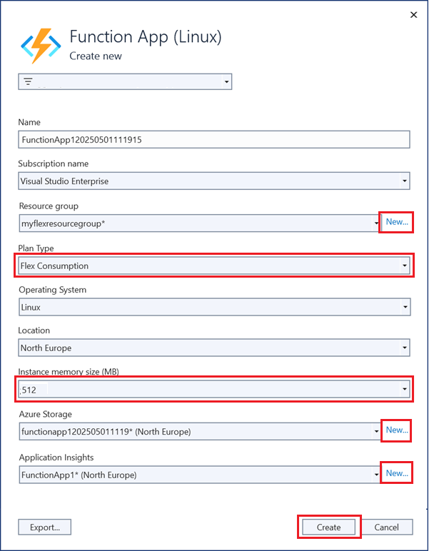 Screenshot: Dialogfeld „App Service erstellen“.