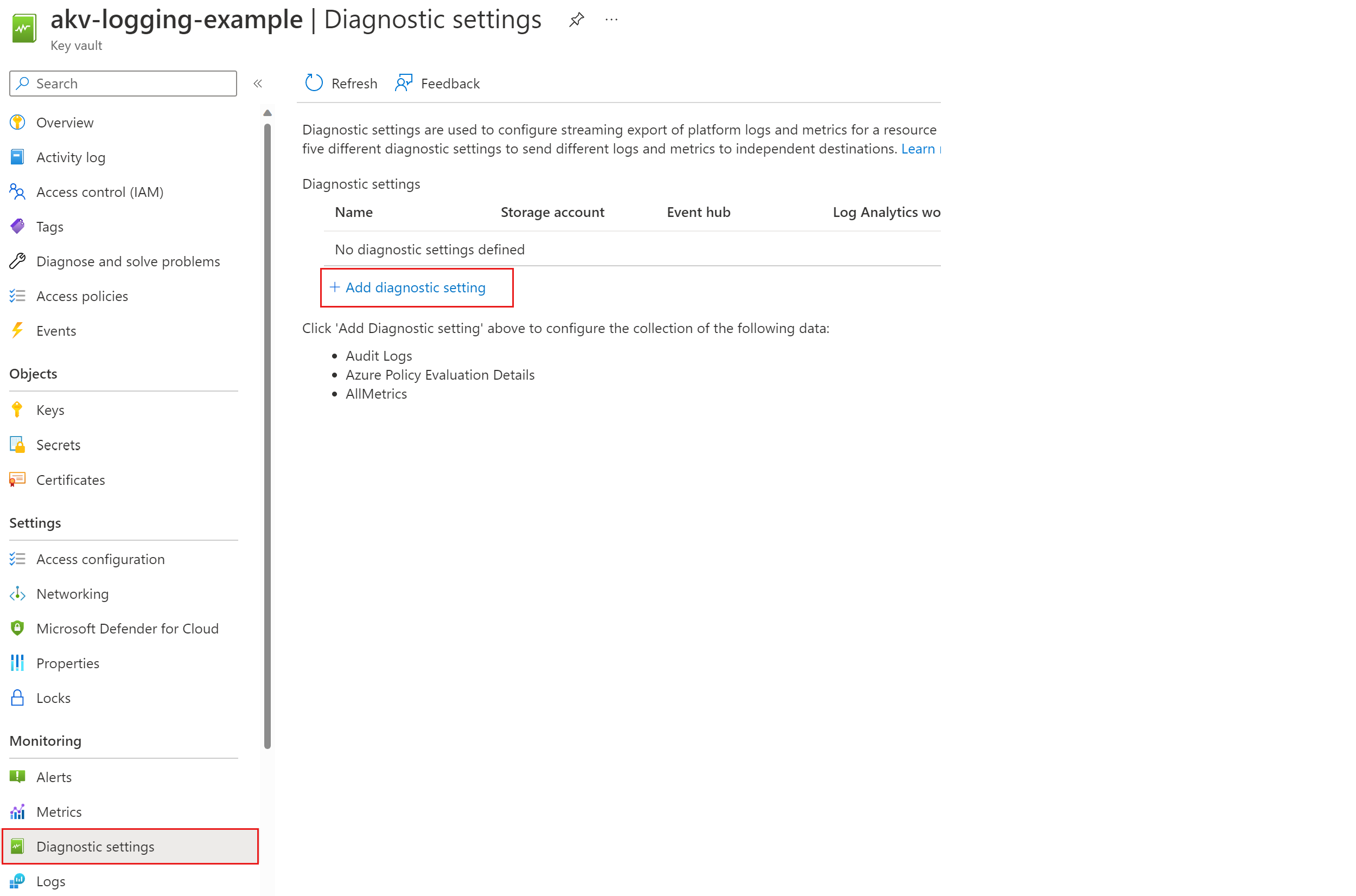 Screenshot, der zeigt, wie Diagnoseeinstellungen ausgewählt werden.