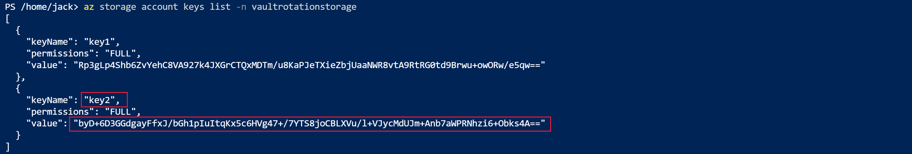 Screenshot: Ausgabe des Befehls „A Z storage account keys list“ für das erste Speicherkonto.
