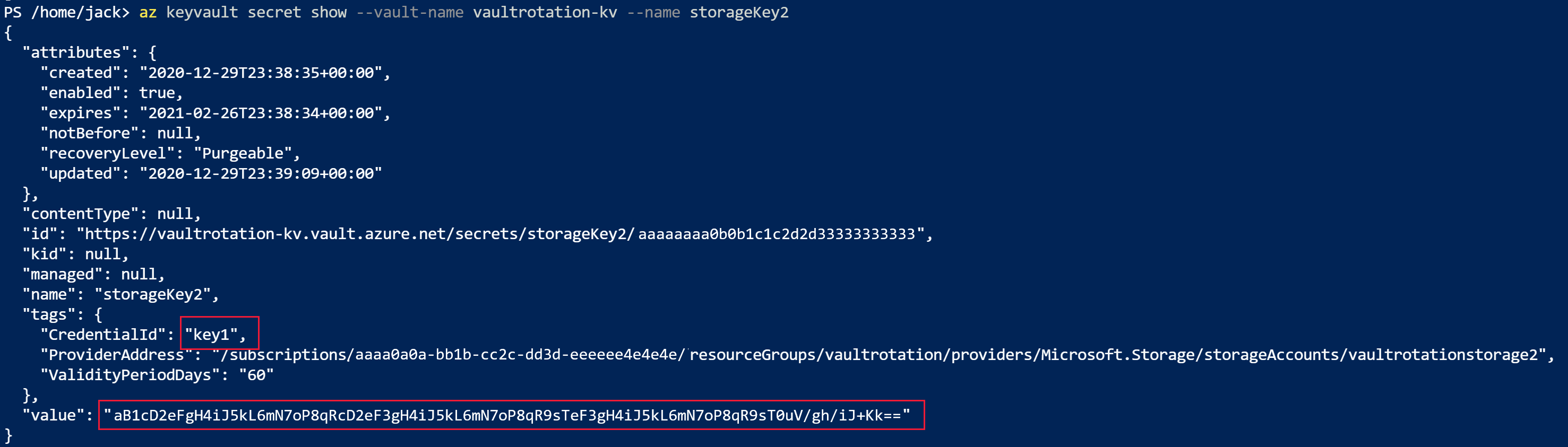 Screenshot: Ausgabe des Befehls „A Z keyvault secret show“ für das zweite Speicherkonto.