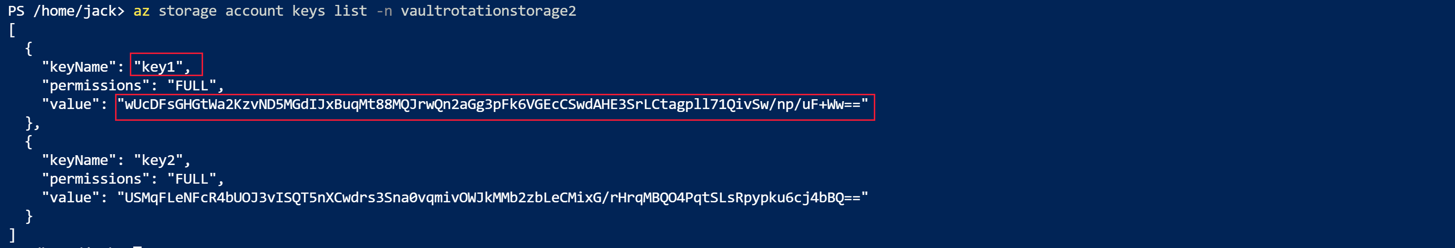 Screenshot: Ausgabe des Befehls „A Z storage account keys list“ für das zweite Speicherkonto.