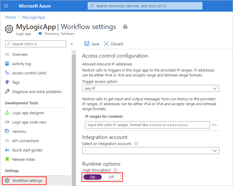 Screenshot des Menüs „Logik-App“ im Azure-Portal mit den Einstellungen „Workflow“ und „Hoher Durchsatz“, die auf „Ein“ gestellt sind.