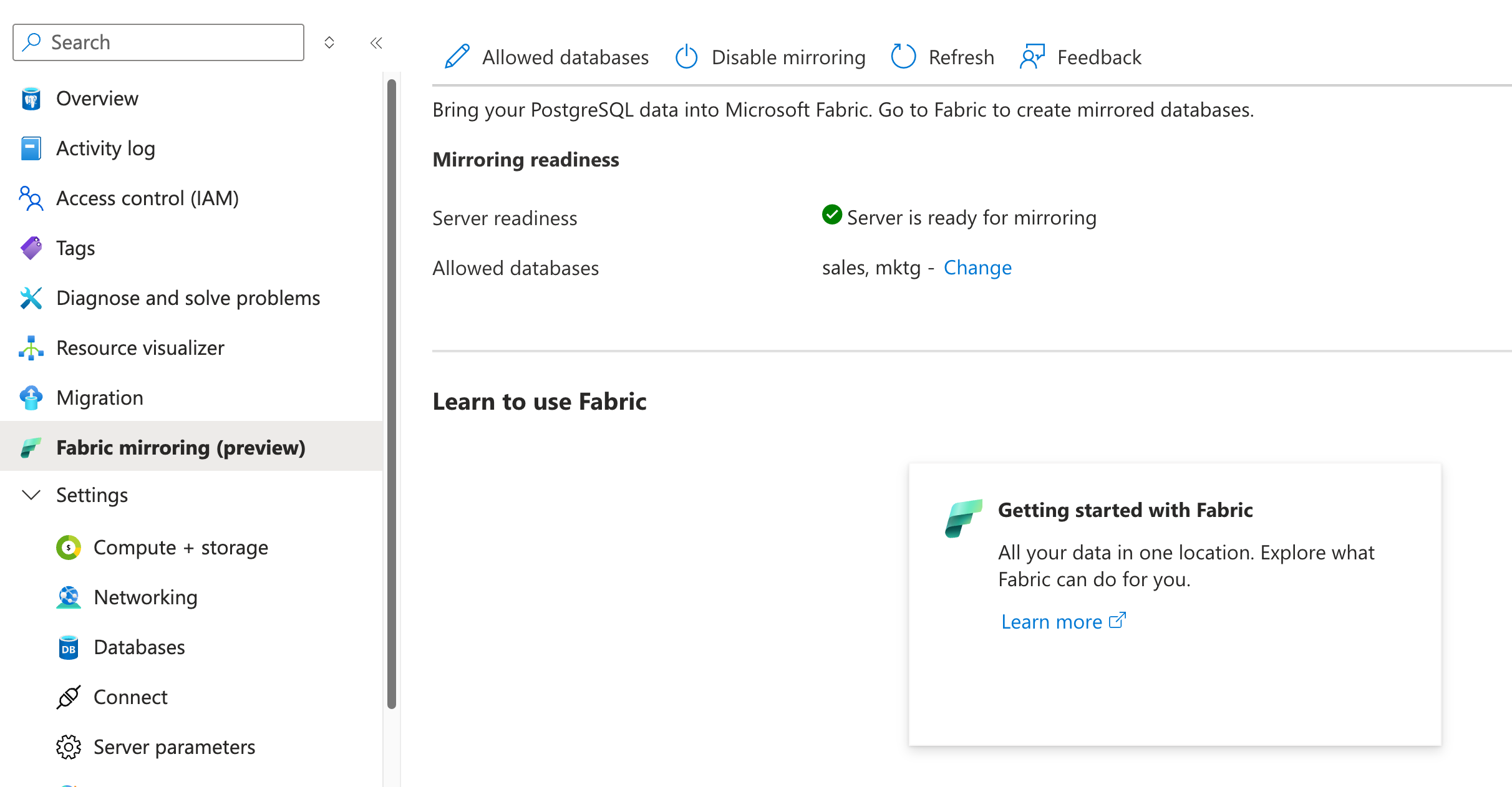 Fabric-Spiegelungsseite, auf der der Server für die Spiegelung bereit ist.