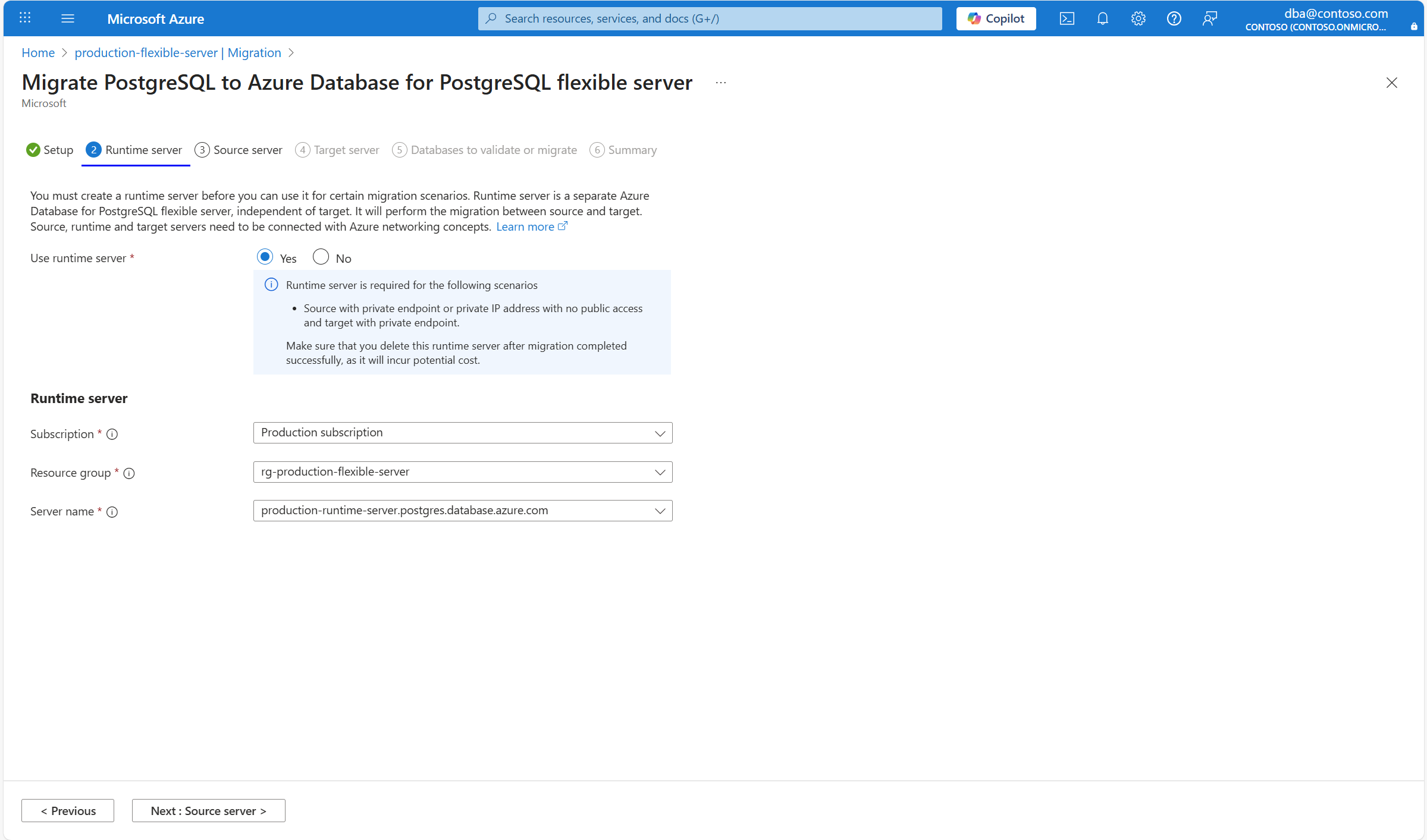 Screenshot, der die Auswahl des Migrationslaufzeitservers zeigt.
