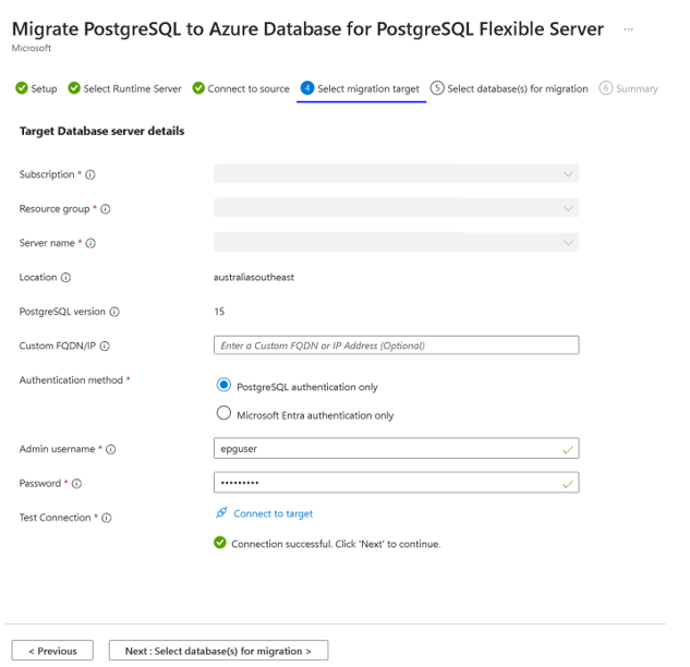 Screenshot: Registerkarte zum Herstellen einer Verbindung mit dem Ziel für die Migration.