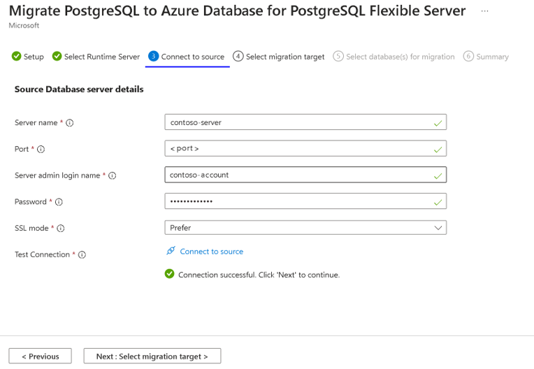 Screenshot: Migrationsseite „Verbindung mit Quelle herstellen“ im Azure-Portal