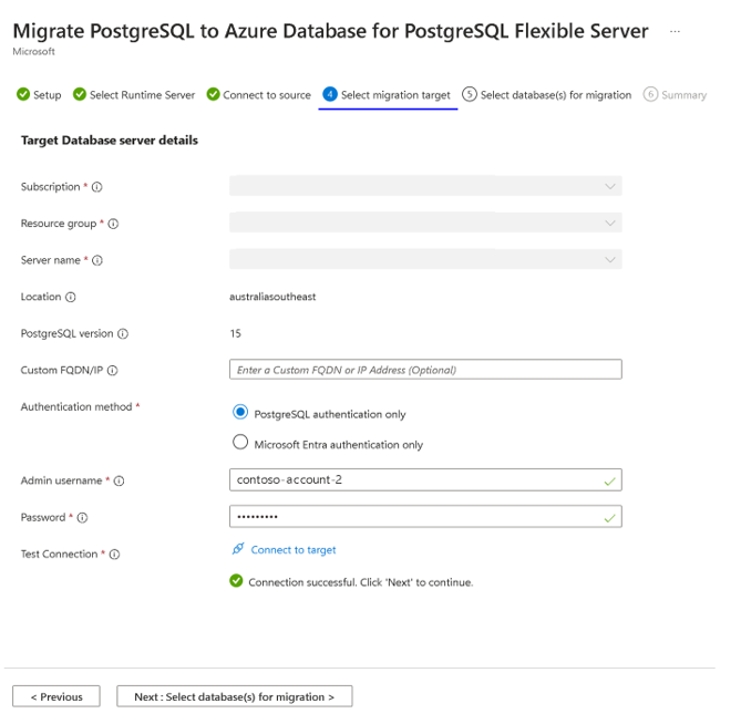 Screenshot: Migrationsseite zum Herstellen der Verbindung mit dem Ziel im Azure-Portal