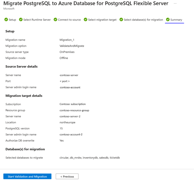 Screenshot: Seite mit der Zusammenfassung der Migration im Azure-Portal