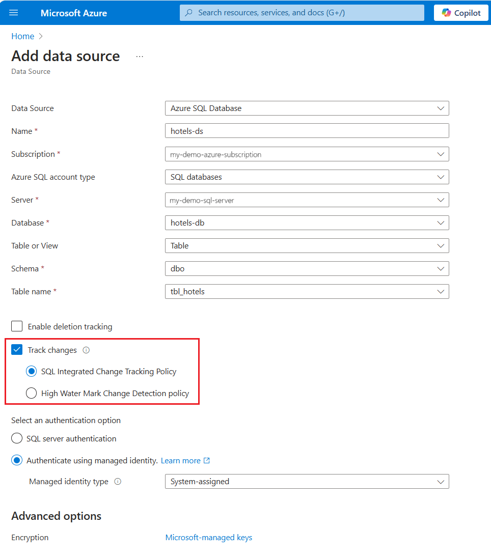 Screenshot der Seite zum Erstellen von Datenquellen im Azure-Portal.