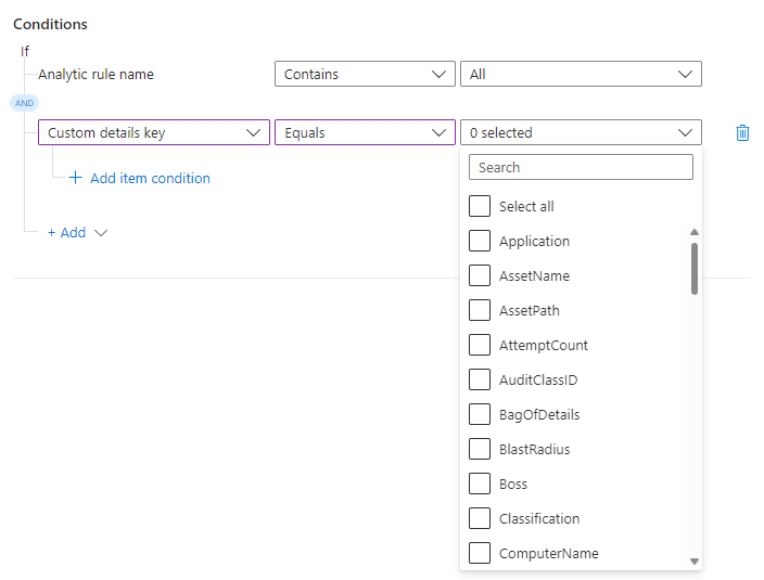 Screenshot: Hinzufügen eines Schlüssels für ein benutzerdefiniertes Detail als Bedingung.