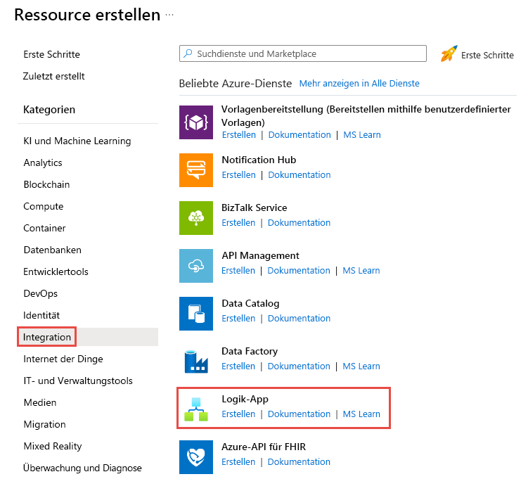 Screenshot des Logik-App-Menüs „Ressource erstellen > Integration >“.