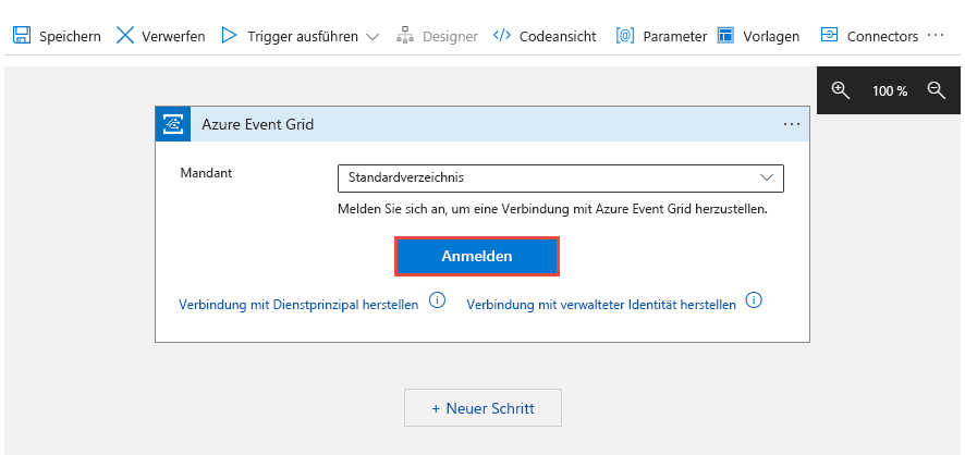 Screenshot des Logik-Apps-Designers mit ausgewählter Schaltfläche 