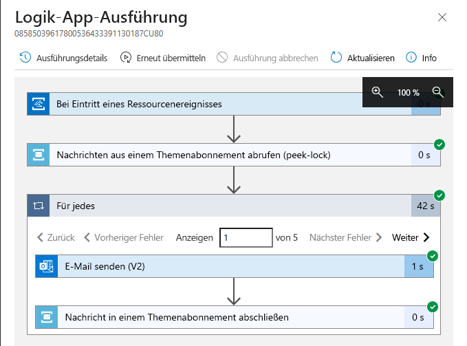 Screenshot, der die Details für die ausgewählte Logik-App-Ausführung zeigt.